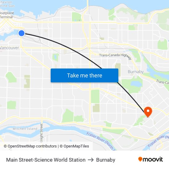 Main Street-Science World Station to Burnaby map