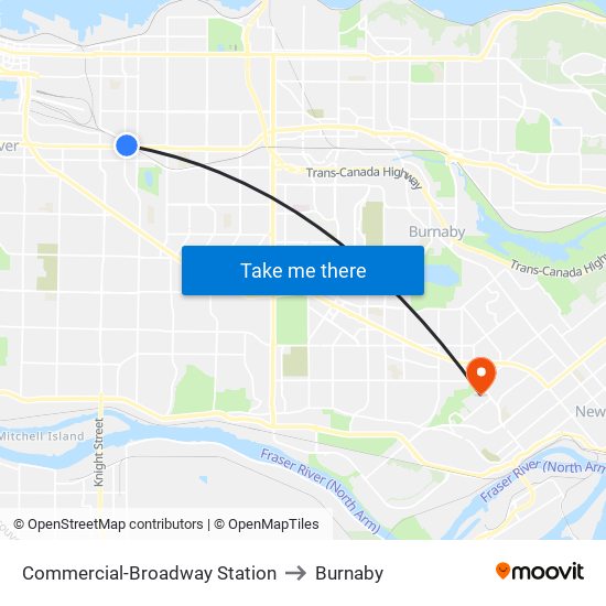 Commercial-Broadway Station to Burnaby map