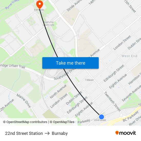 22nd Street Station to Burnaby map