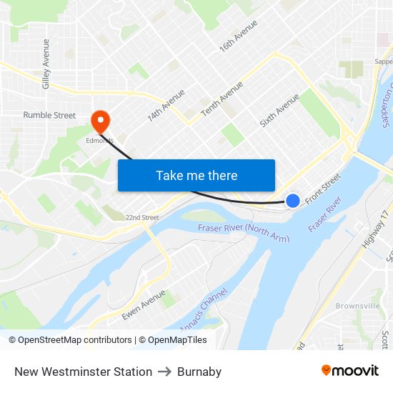 New Westminster Station to Burnaby map