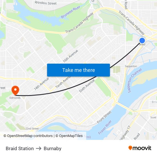Braid Station to Burnaby map
