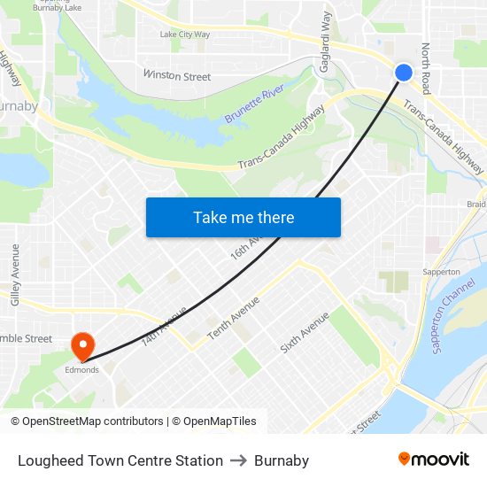 Lougheed Town Centre Station to Burnaby map