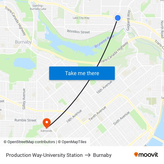 Production Way-University Station to Burnaby map