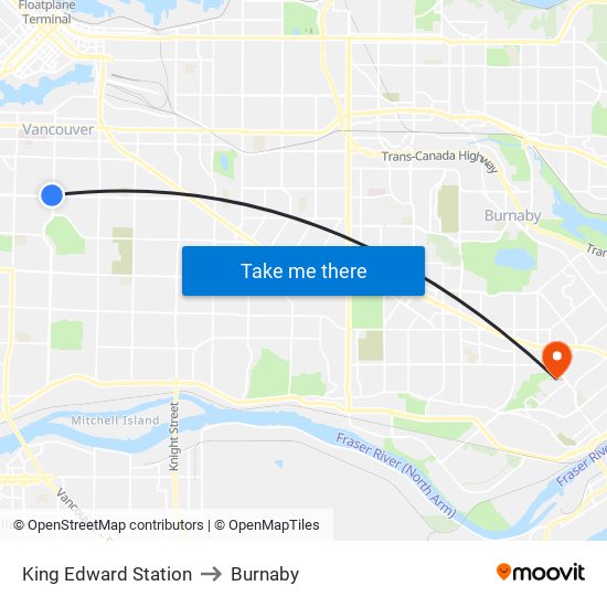 King Edward Station to Burnaby map