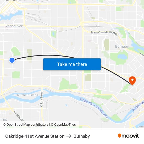 Oakridge-41st Avenue Station to Burnaby map