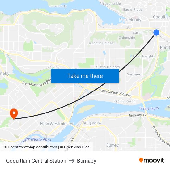 Coquitlam Central Station to Burnaby map
