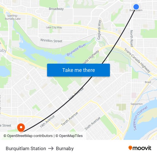 Burquitlam Station to Burnaby map