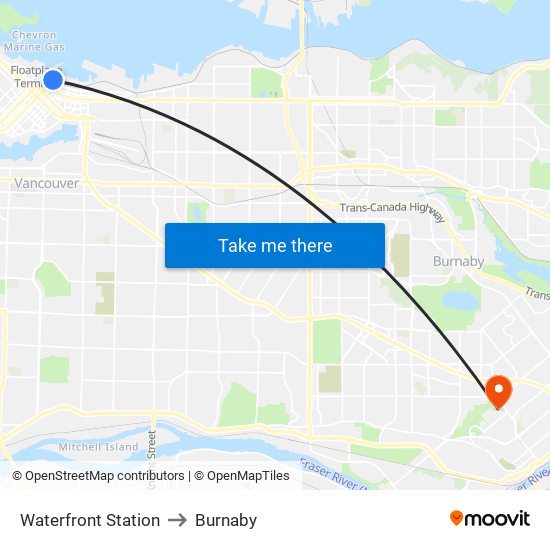 Waterfront Station to Burnaby map