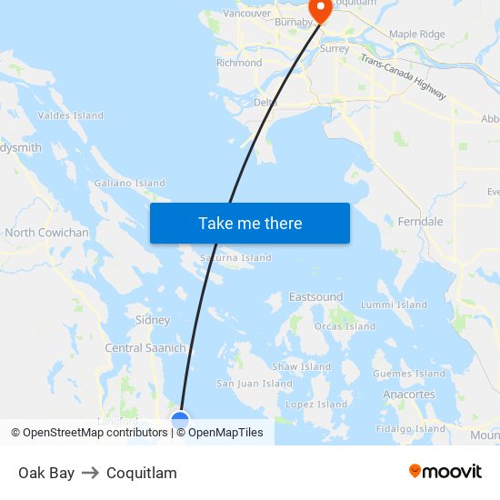 Oak Bay to Coquitlam map