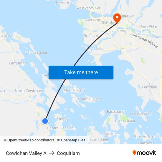 Cowichan Valley A to Coquitlam map