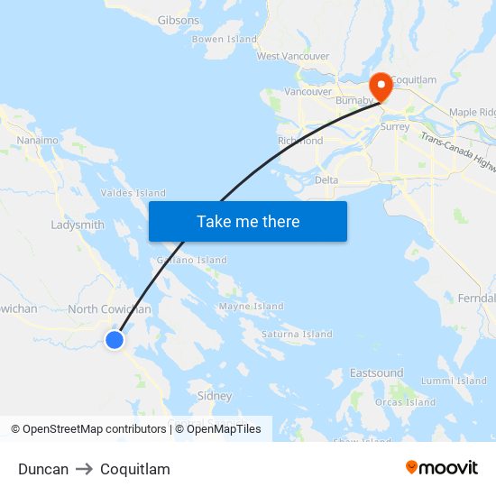 Duncan to Coquitlam map