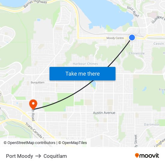 Port Moody to Coquitlam map