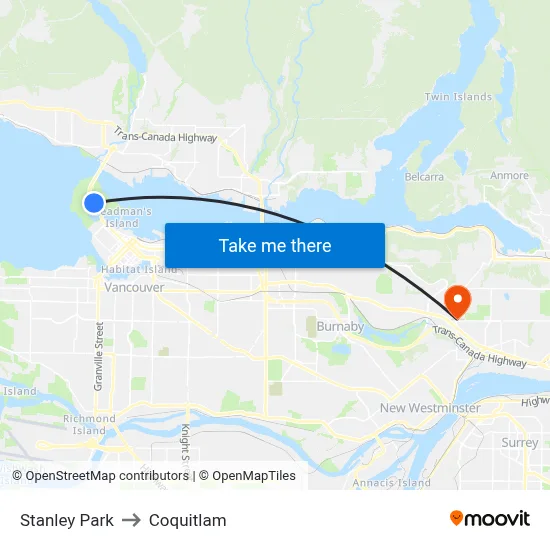 Stanley Park to Coquitlam map