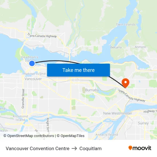 Vancouver Convention Centre to Coquitlam map
