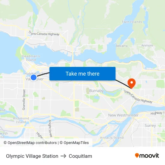 Olympic Village Station to Coquitlam map