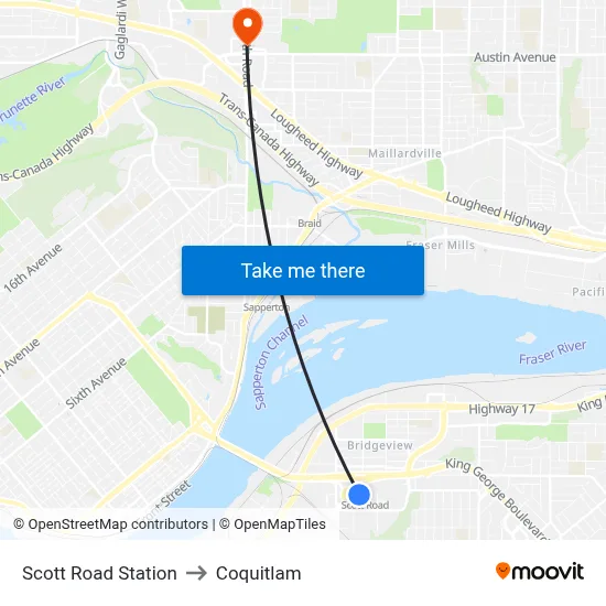 Scott Road Station to Coquitlam map