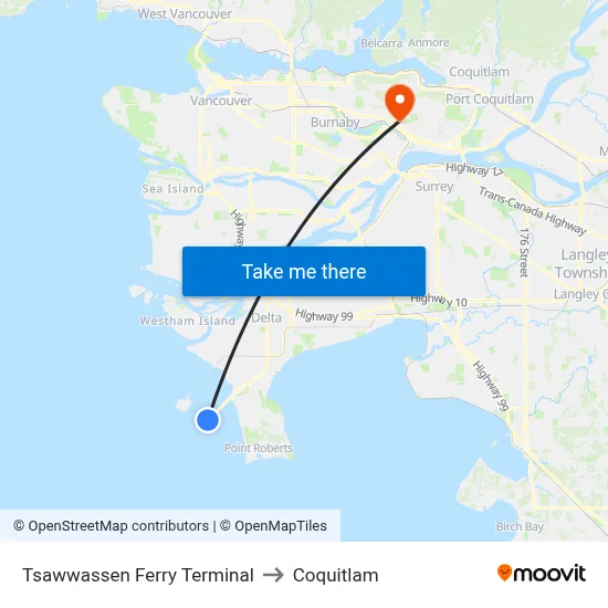 Tsawwassen Ferry Terminal to Coquitlam map