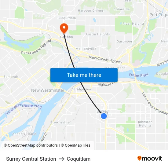 Surrey Central Station to Coquitlam map