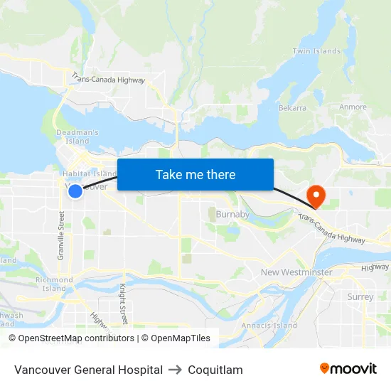 Vancouver General Hospital to Coquitlam map