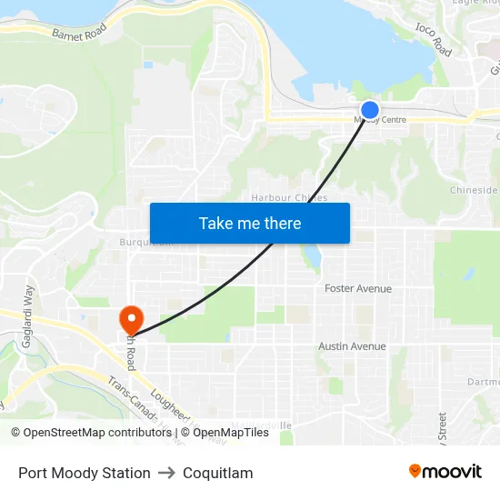 Port Moody Station to Coquitlam map