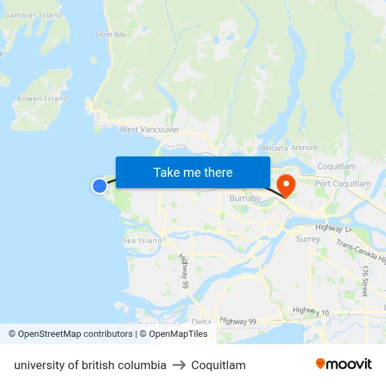 university of british columbia to Coquitlam map