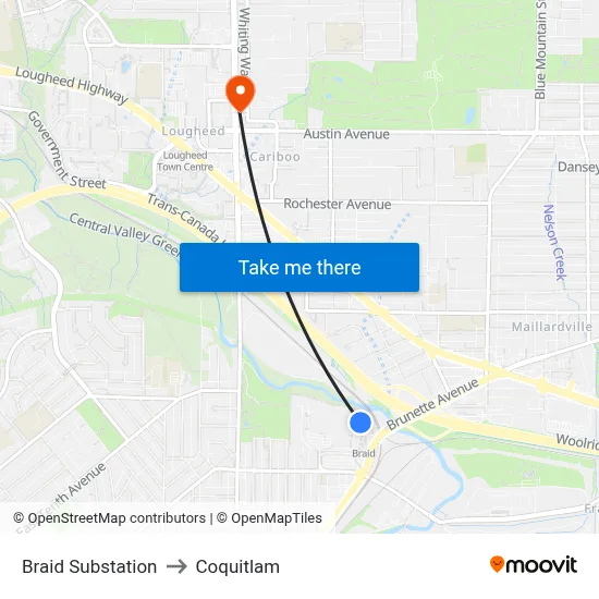 Braid Substation to Coquitlam map