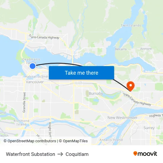 Waterfront Substation to Coquitlam map