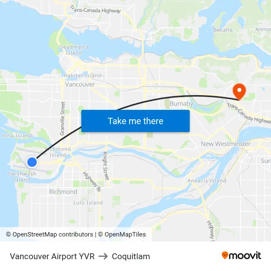 Vancouver Airport YVR to Coquitlam map