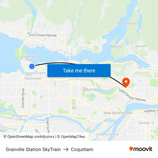 Granville Station SkyTrain to Coquitlam map