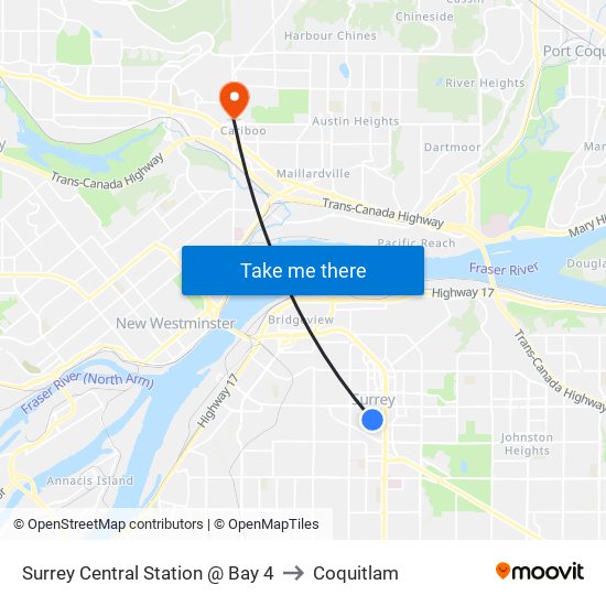 Surrey Central Station @ Bay 4 to Coquitlam map