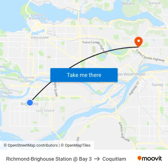 Richmond-Brighouse Station @ Bay 3 to Coquitlam map