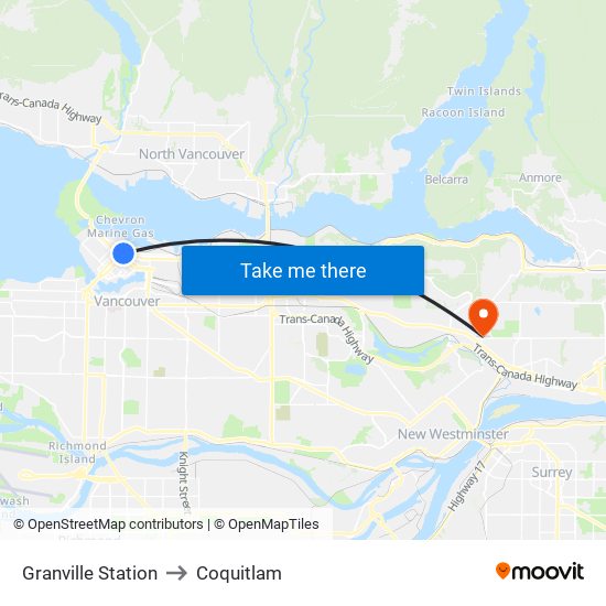 Granville Station to Coquitlam map