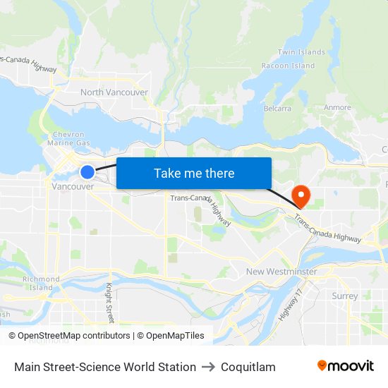 Main Street-Science World Station to Coquitlam map