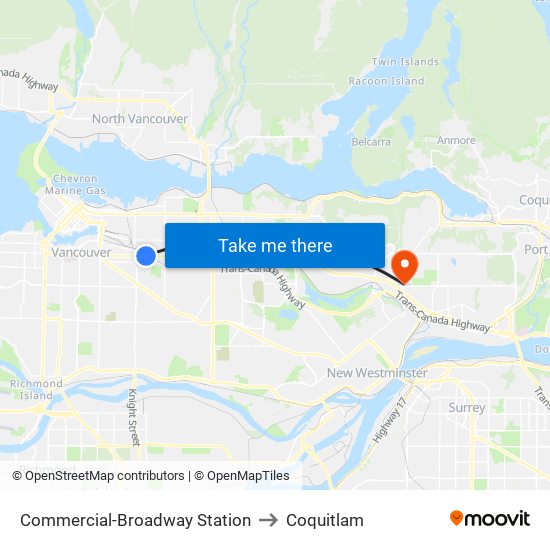 Commercial-Broadway Station to Coquitlam map