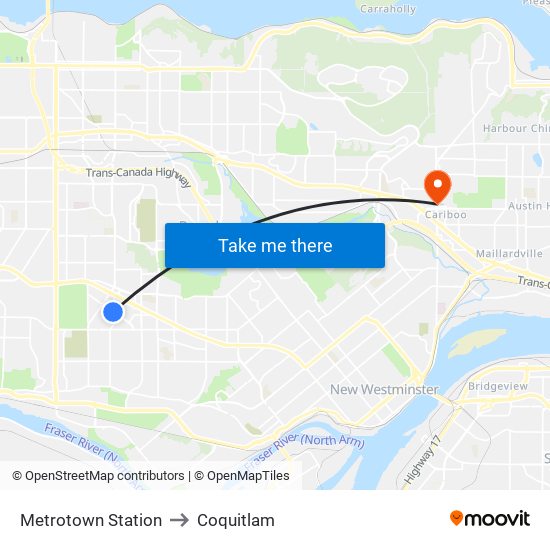 Metrotown Station to Coquitlam map