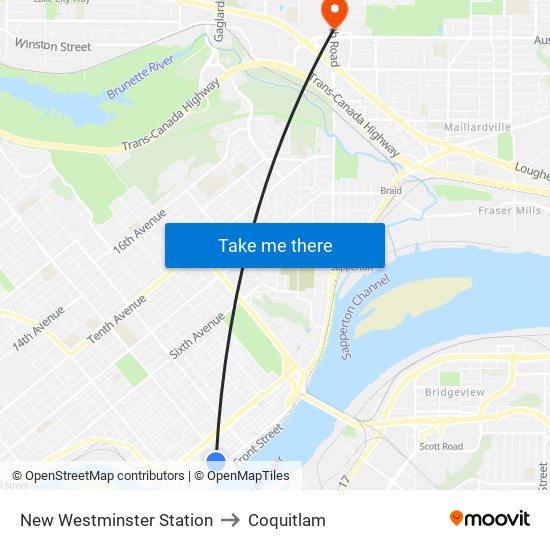 New Westminster Station to Coquitlam map