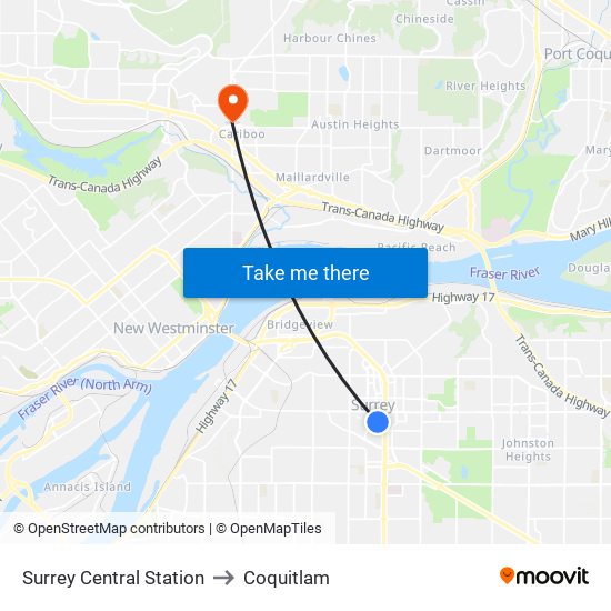 Surrey Central Station to Coquitlam map