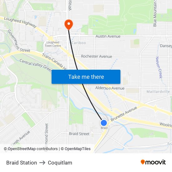 Braid Station to Coquitlam map
