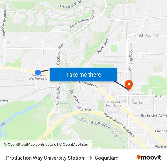 Production Way-University Station to Coquitlam map