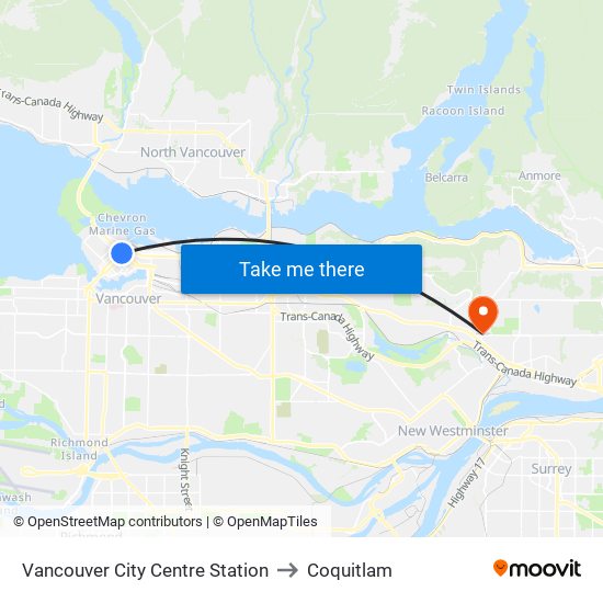 Vancouver City Centre Station to Coquitlam map