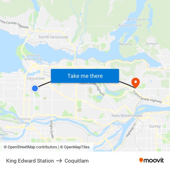 King Edward Station to Coquitlam map