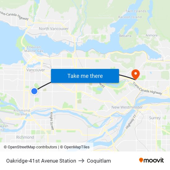 Oakridge-41st Avenue Station to Coquitlam map