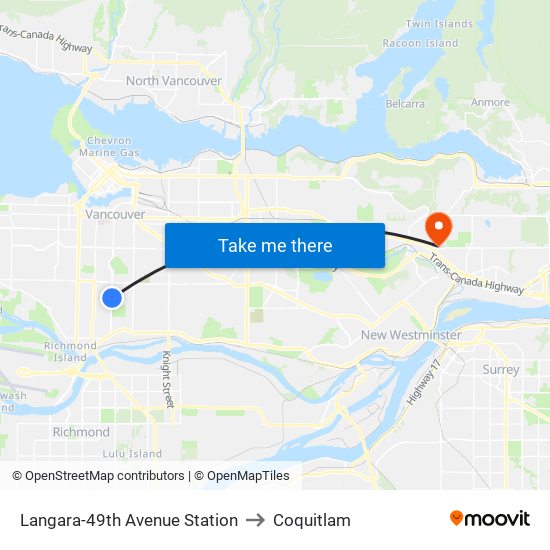 Langara-49th Avenue Station to Coquitlam map
