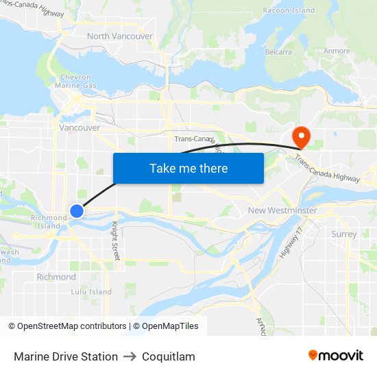 Marine Drive Station to Coquitlam map