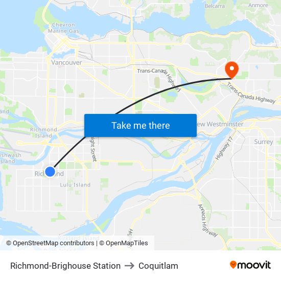 Richmond-Brighouse Station to Coquitlam map
