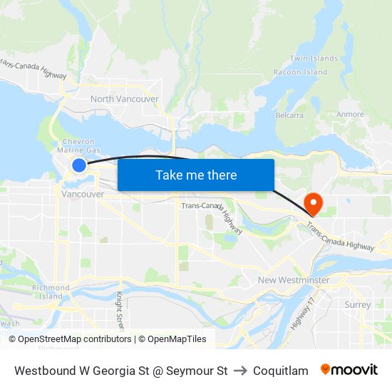 Westbound W Georgia St @ Seymour St to Coquitlam map