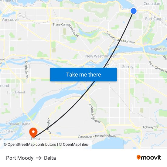 Port Moody to Delta map