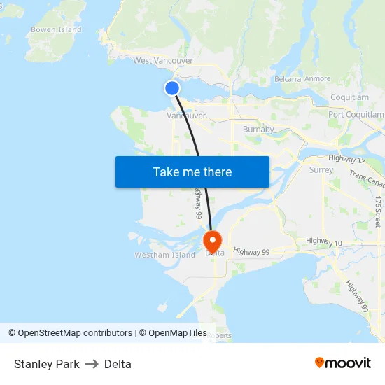 Stanley Park to Delta map