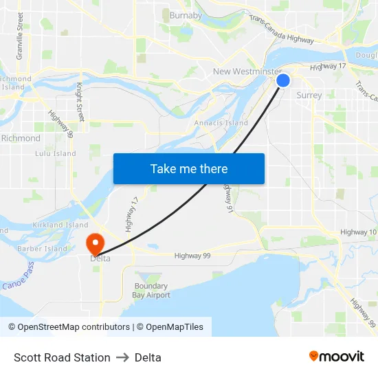 Scott Road Station to Delta map