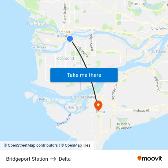 Bridgeport Station to Delta map